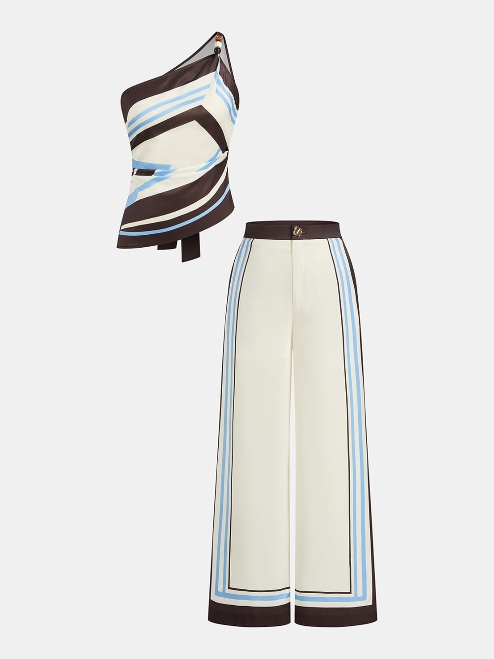Commense Cream and Brown Striped Pantsuit with Blue Accents